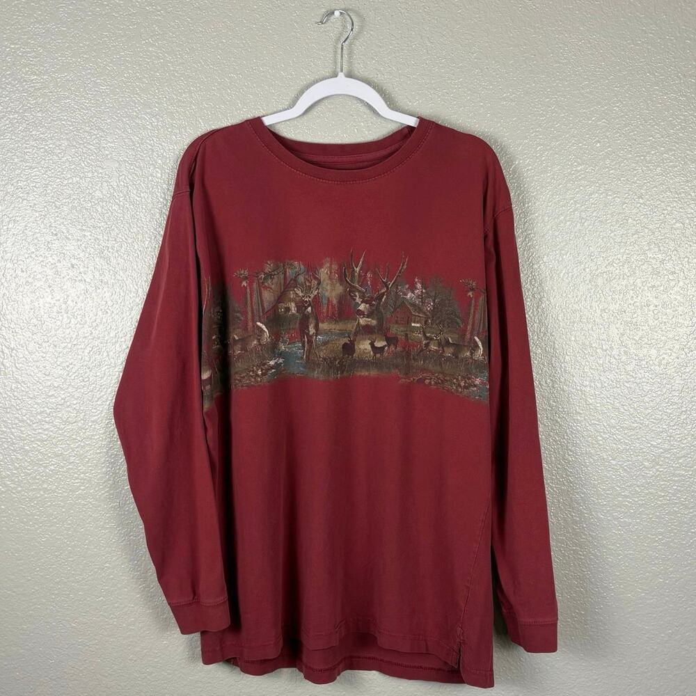 Sun River Men’s Size XL Maroon Deer Forest Graphic 100% Cotton Long Sleeved Tee